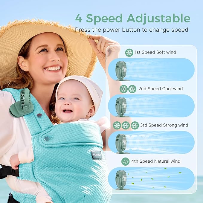 Momcozy Portable Fan with Clip | 4-Speed Mini-Fan for Carrier | Personal Fans Ultra Lighter 0.26lb | Gaps ≤4.5mm | Handheld Cooling | Rechargeable Rotate for Diaper Backpack/Stroller/Carrier/Chair-BubblyBeeBaby