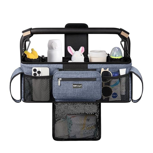 TOPDesign Universal Baby Stroller Organizer, Double Stroller Caddy with Detachable Mesh Bag & Heightened Insulated Cup Holders & Non-Slip Secure Hooks Accessories, Fits Most Strollers (Blue)-BubblyBeeBaby