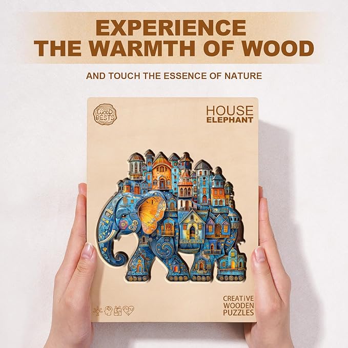 Jigfoxy Wooden Puzzles for Adults, Elephant House Wood Puzzles Adult, Unique Animal Shape Wooden Jigsaw Puzzles for Adults, Birthday Gifts for Puzzle Lovers, Family, Friend (S-8.5 * 7.4in-100pcs)-BubblyBeeBaby