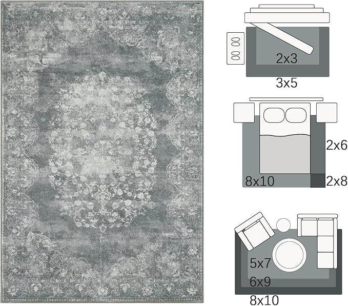 jinchan Washable Area Rug 8x10 for Living Room - Soft Faux Wool Ultra-Thin Stain Resistant Non-Slip Distressed Vintage Floral Large Carpet for Bedroom,Dining Room,Home Office,Nursery(Grey, 8'x10')-BubblyBeeBaby