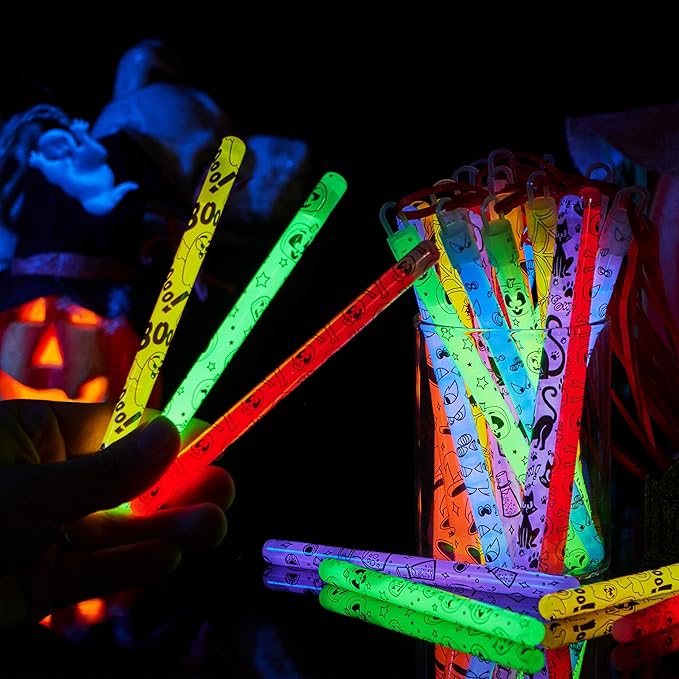 JOYIN 30 Pcs Halloween Glow Sticks Bulk Party Pack, Hanging Wands in 8 Design, 6 Color Light Up Stick for Kid Glow in The Dark Halloween Party Favor Supplies, Goodie Bag Filler, Trick or Treating Gift-BubblyBeeBaby