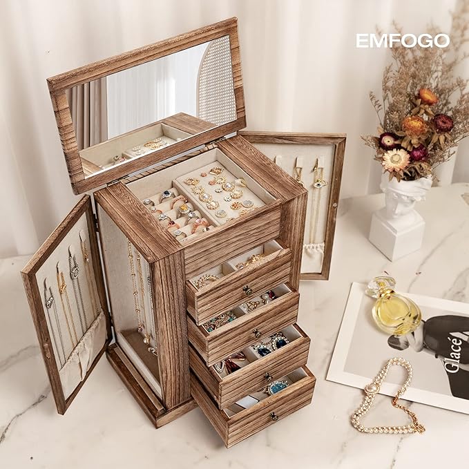 Jewelry Box for Women, 5 Layer Large Wood Boxes & Organizers for Necklaces Earrings Rings Bracelets, Rustic Organizer with Drawers and Mirror(Carbonized Black)-BubblyBeeBaby