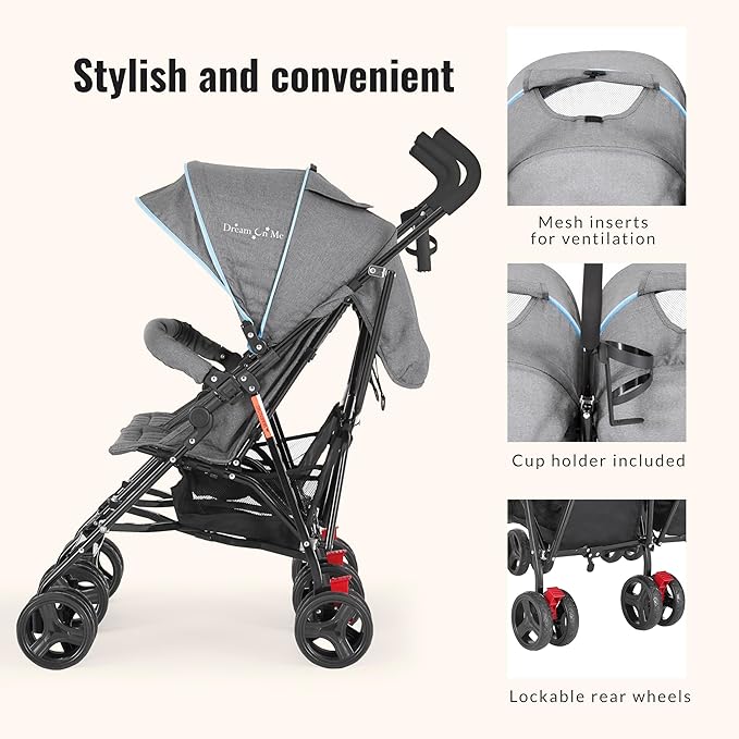 Dream On Me Volgo Twin Umbrella Stroller in Blue, Lightweight Double Stroller for Infant & Toddler, Compact Easy Fold, Large Storage Basket, Large and Adjustable Canopy-BubblyBeeBaby