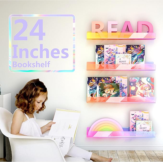 24 inches Iridescent Acrylic Bookshelf, Wall Mounted Display for Kids Room, Nursery, Toddler, Classroom (2 Packs)-BubblyBeeBaby