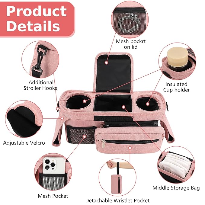 Accmor Universal Stroller Organizer with Insulated Cup Holder Detachable Phone Bag and Shoulder Strap, Stroller Bag Caddy Organizer Accessories Fits for Uppababy, Baby Jogger, Britax Strollers-BubblyBeeBaby