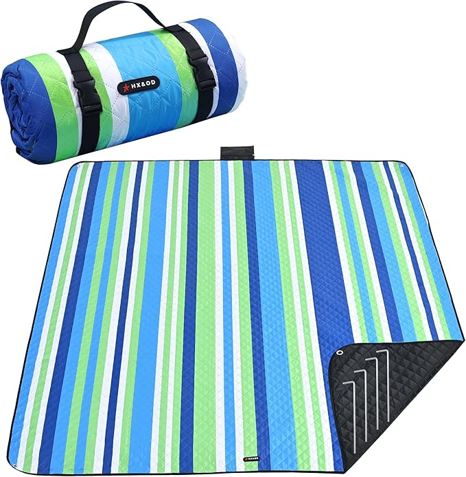 HX&OD Outdoor Picnic Blanket Extra Large, 80''*80'' Waterproof Picnic Mat with Stakes Foldable Camping Blanket Portable with Carry Strap for Beach Mat (Blue, 80''*80'')-BubblyBeeBaby
