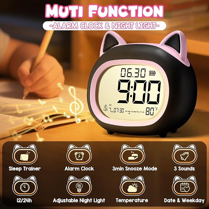 Kids Alarm Clock with Night Light for Kids, Small Digital Alarm Clocks for Bedrooms, Routine Builder, Cute Cat Alarm Clock with Sleep Training, Snooze, 12/24H, Date & Day, Temperature, USB Port-BubblyBeeBaby