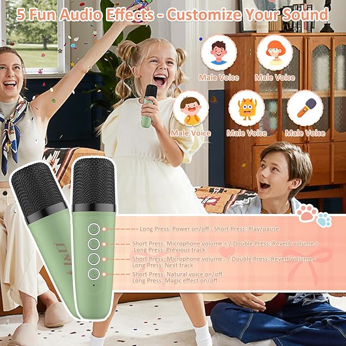 J&D Mini Karaoke Machine for Kids Adults, Portable Bluetooth Speaker with 2 Wireless Mics and Cat Sticker for Girls Boys Age 3–10 Birthday Gifts Princess Toys, Colorful LED, Green-BubblyBeeBaby