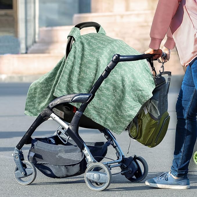 Baby Car Seat Canopy Soft Minky Plush Dotted Backing Baby Car Seat Cover Girls, Infant Carseat Canopy, Stretchy Multi- use Nursing Cover for Stroller/High Chair/Shopping Cart/Car Seat Canopies Sage-BubblyBeeBaby