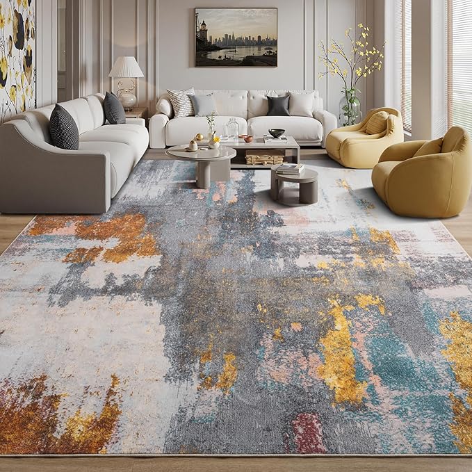 Kelarea Living Room Rug, 6x9 Rug Modern Abstract Washable Rugs Grey Faux Wool Vintage Carpet, Non Slip Rugs for Living Room, Bedroom, Dining Room, Kids Playroom, Home Office-BubblyBeeBaby