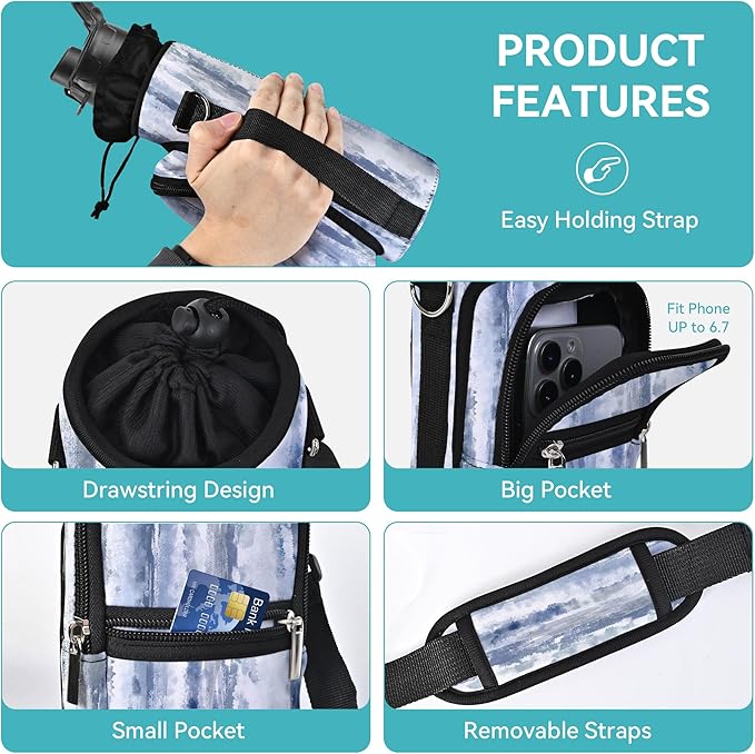 25/32/40/64oz Water Bottle Bag Holder Carrier-Insulated Crossbody Sling Case Sleeve with Strap & Pockets for Men Women Gym Cycling Travel Walking Hiking Camping-BubblyBeeBaby