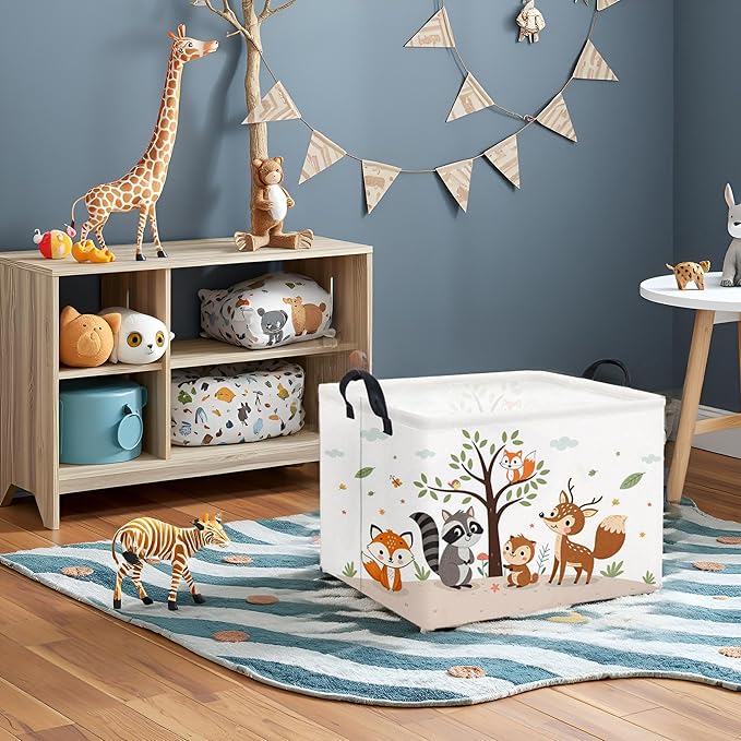HIYAGON Rectangular Woodland Animal Basket Kids Baby Storage Basket Storage Bin Organizer Box Animal Room Decor(Spring Animal)-BubblyBeeBaby