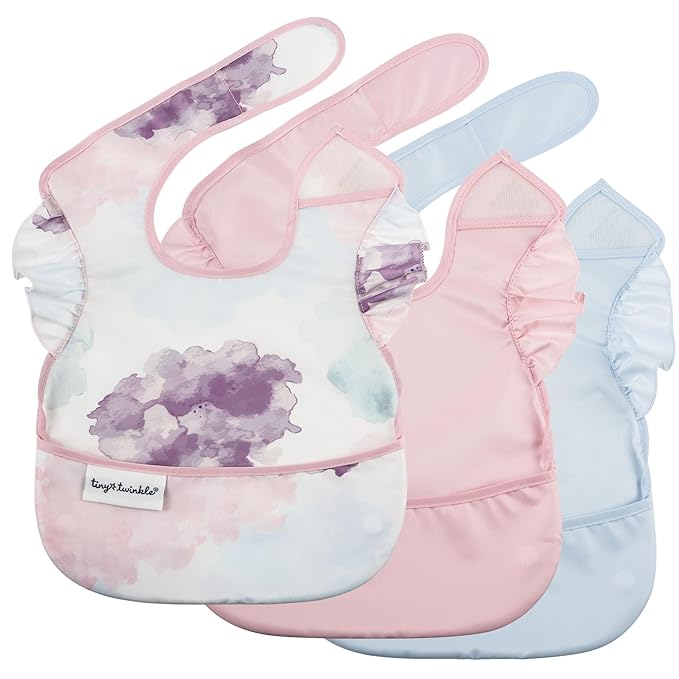 Tiny Twinkle Mess Proof Baby Bibs for Eating - Waterproof, Wipeable Bibs - Toddler Bibs - Travel Friendly - PFAS, PVC, BPA, Phthalate Free - Baby Food Bibs(3 Pack,Cotton Candy)-BubblyBeeBaby