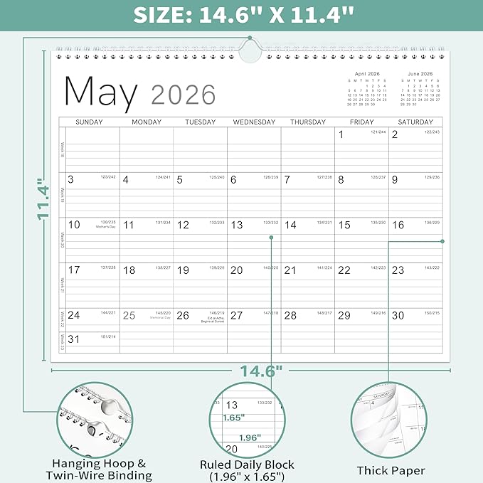 2026 Wall Calendar - 2026 Calendar from Jan. 2026 - Dec. 2026, 14.6" x 11.4", 12 Months Wall Calendar 2026, Thick Paper, Twin-Wire Binding, Simple Design-BubblyBeeBaby