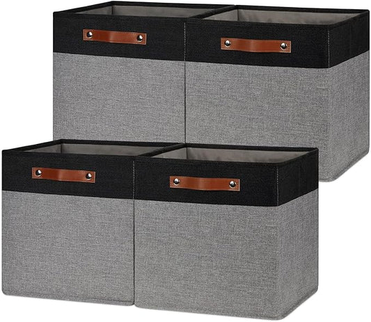 HNZIGE Storage Baskets for Organizing, Set of 4, Square Fabric Storage Cubes Bins 13 x 13, Collapsible Black Storage Bins for Shelves, Closets, Nursery, Home, Office (Black&Grey)-BubblyBeeBaby