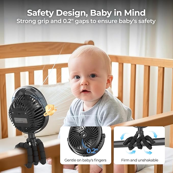 COMLIFE Misting Baby Stroller Fan, Rechargeable Battery Operated, 270° & 360° Pivoting, 50ml Portable Water Sprayer Misting Fan with Flexible Tripod Clip on Car Seat Crib Treadmill Bunk Bed-BubblyBeeBaby