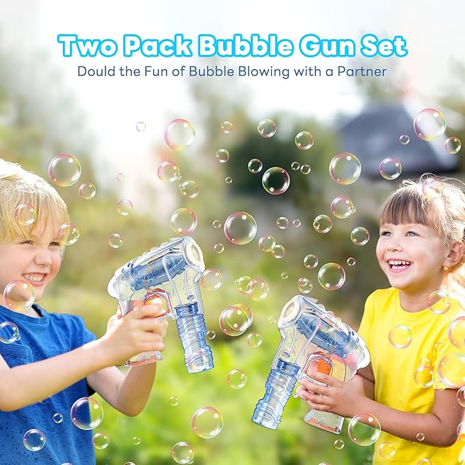 Kid Odyssey 2 Pack Bubble Gun with 4 Refill Solution and 3 Colorful LED Light, Bubble Machine for Kids, Bubble Maker for Party Favors, Birthday Gift, Indoor Outdoor Toys for Toddlers-BubblyBeeBaby