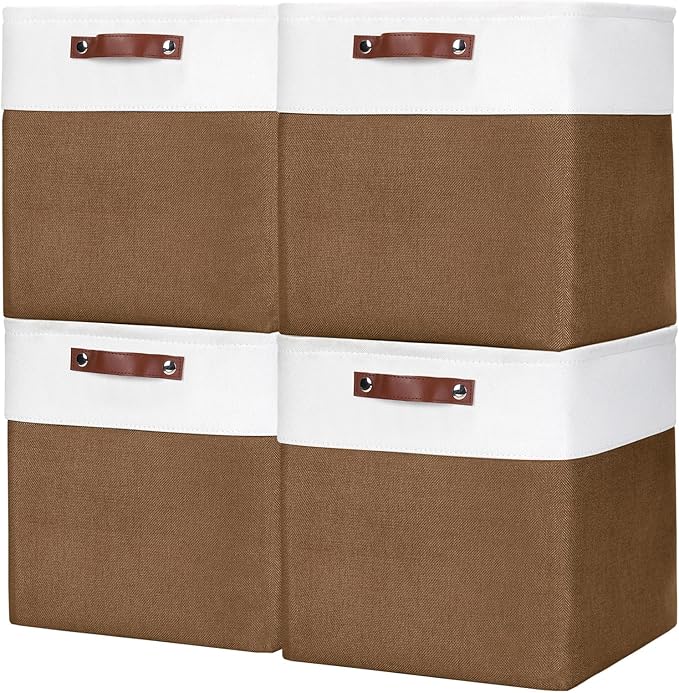 13x13 Cube Storage Bins, Collapsible Fabric Storage Box, 4 Pack Closet Baskets with Handles for Organizing, Shelf, Toys, Clothes, Home, Office, Nursery (Brown&White)-BubblyBeeBaby