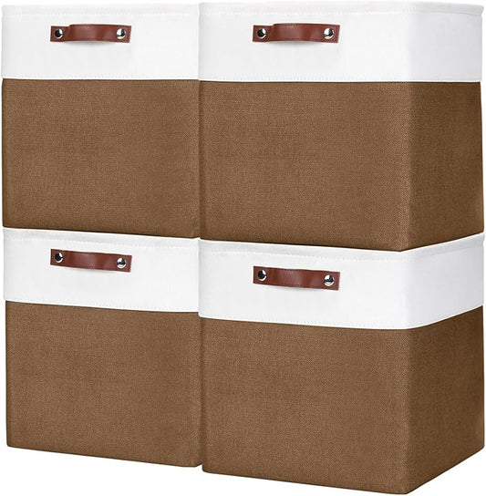 13x13 Cube Storage Bins, Collapsible Fabric Storage Box, 4 Pack Closet Baskets with Handles for Organizing, Shelf, Toys, Clothes, Home, Office, Nursery (Brown&White)-BubblyBeeBaby