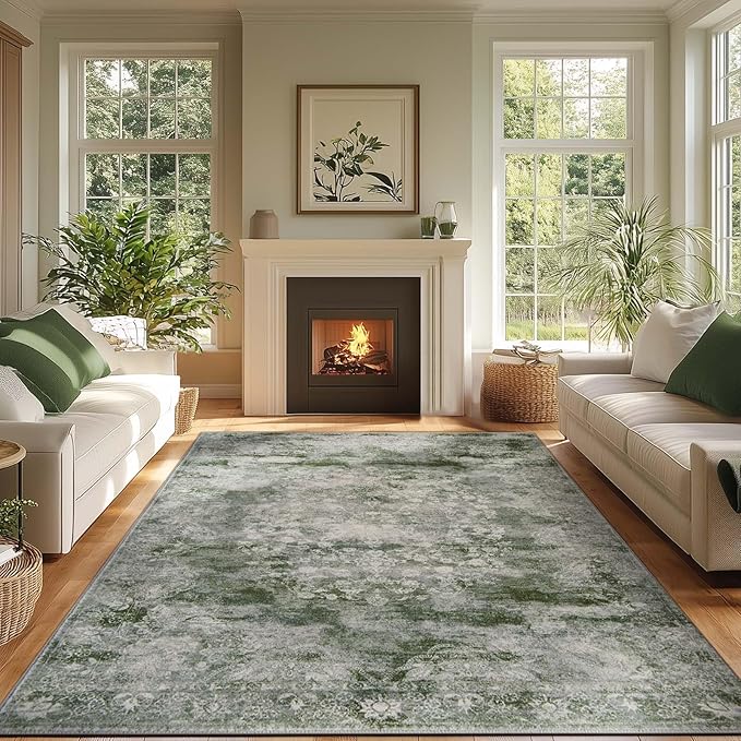 jinchan Washable Area Rug 6x9 for Living Room - Soft Faux Wool Ultra-Thin Stain Resistant Non-Slip Distressed Vintage Floral Rug Large Carpet for Bedroom,Dining Room,Home Office,Nursery(Green, 6'x9')-BubblyBeeBaby