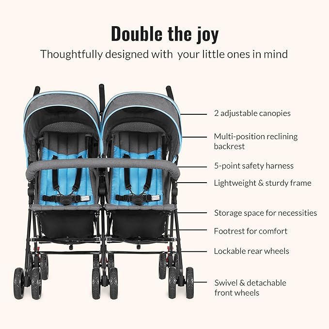 Dream On Me Volgo Twin Umbrella Stroller in Blue, Lightweight Double Stroller for Infant & Toddler, Compact Easy Fold, Large Storage Basket, Large and Adjustable Canopy-BubblyBeeBaby