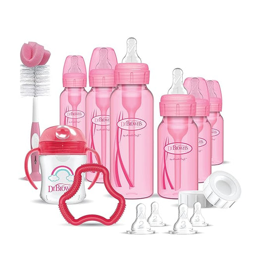 Dr. Brown's Natural Flow Anti-Colic Options+ Special Edition Pink Baby Bottle Gift Set with Soft Sippy Spout Transition Cup, Flexees Teether, Bottle Cleaning Brush and Travel Caps-BubblyBeeBaby