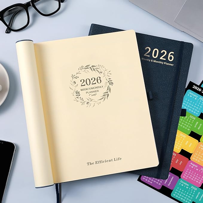2026 Planner - Weekly and Monthly Planner 2026, JAN 2026 - DEC 2026, 8.5" x 11", Leather Cover 2026 Planners with Thick Paper, Back Pocket with Notes Pages - Blue-BubblyBeeBaby