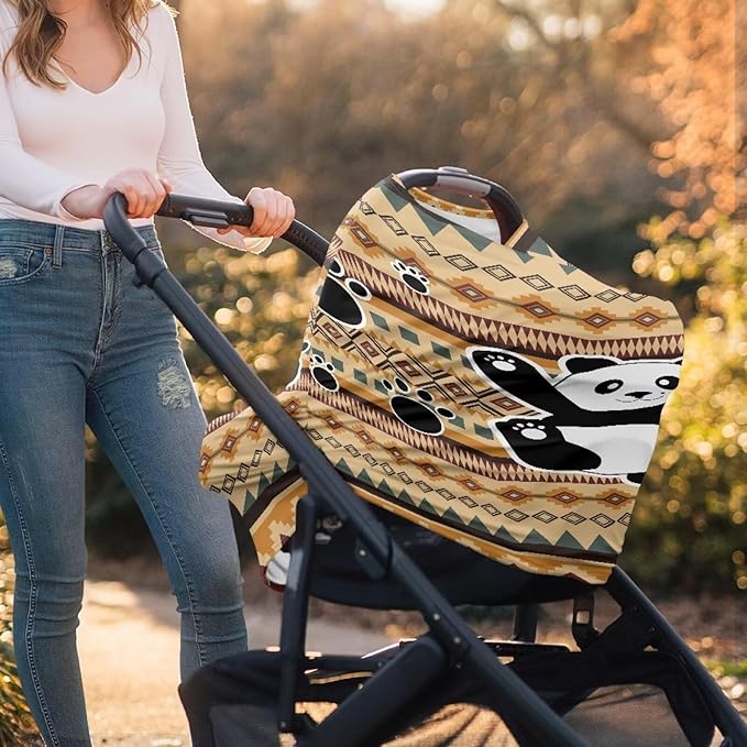 Binienty Breathable Car Seat Covers for Babies Newborns,Aztec Nation Panda Pattern Nursing Cover Breastfeeding Scarf Breathable Stroller Cover for Sun-BubblyBeeBaby
