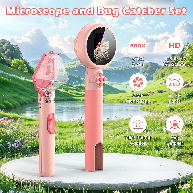 2 in 1 Kids Microscope with Bug Catcher,HD 500X Digital Microscope for Kids with 2" Screen,Photo and Video,STEM Educational Science Kit Learning Toys for Age 3-12 Girls & Boys Birthday Gifts (Pink)-BubblyBeeBaby
