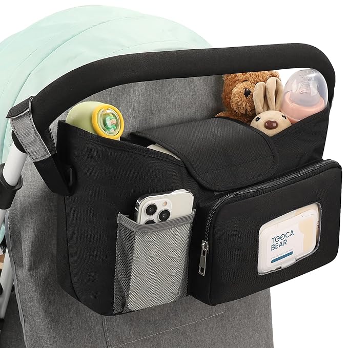 Accmor Universal Stroller Organizer with Insulated Cup Holder, Stroller Caddy Bag Accessories, Stroller Cup Holder Organizer for Uppababy Baby Jogger Britax Stroller, Black-BubblyBeeBaby