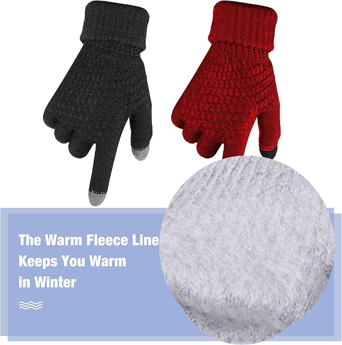 Geyoga 2 Pairs Women's Winter Touch Screen Gloves Soft Warm Fleece Lined Knit Elastic Cuff Winter Texting Gloves-BubblyBeeBaby