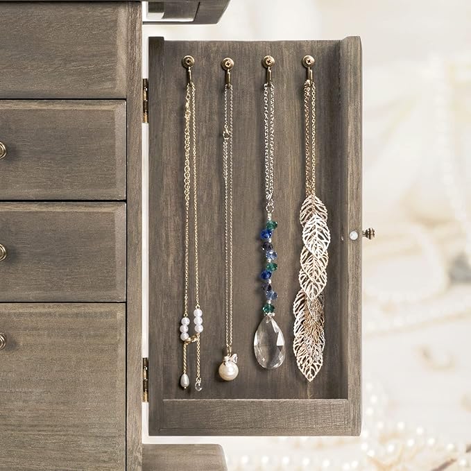Jewelry Box for Women, Rustic Wooden Jewelry Boxes & Organizers with Mirror, 4 Layer Jewelry Organizer Box Display for Rings Earrings Necklaces Bracelets (Weathered Gray)-BubblyBeeBaby