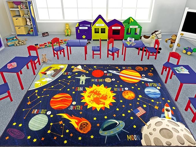 KC Cubs 3x5 Outer Space Solar System Toy Car Road Rug – Educational Play Mat Carpet for Kids, Toddlers, Nursery, Classroom, Playroom, Baby Daycare-BubblyBeeBaby