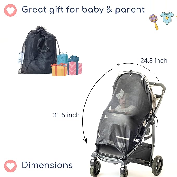 Stroller Sun Shade - Universal UV Protection Cover for Strollers Sunshade with See Through, Clip-On Sun Blocker, Sun Shield for Baby, Breathable Adjustable Fit, Full Coverage, L Black-BubblyBeeBaby