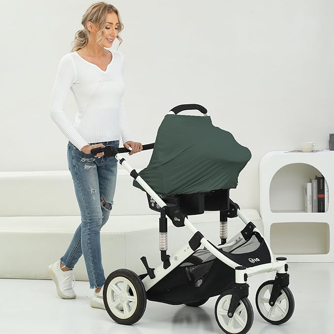 Breathable Car Seat Cover for Babies – Multi-Purpose Soft Rayon Nursing Cover for Breastfeeding, High Stretchy Infant Carseat Canopy, Stroller Cover (Smooth Rayon, Roman Green)-BubblyBeeBaby