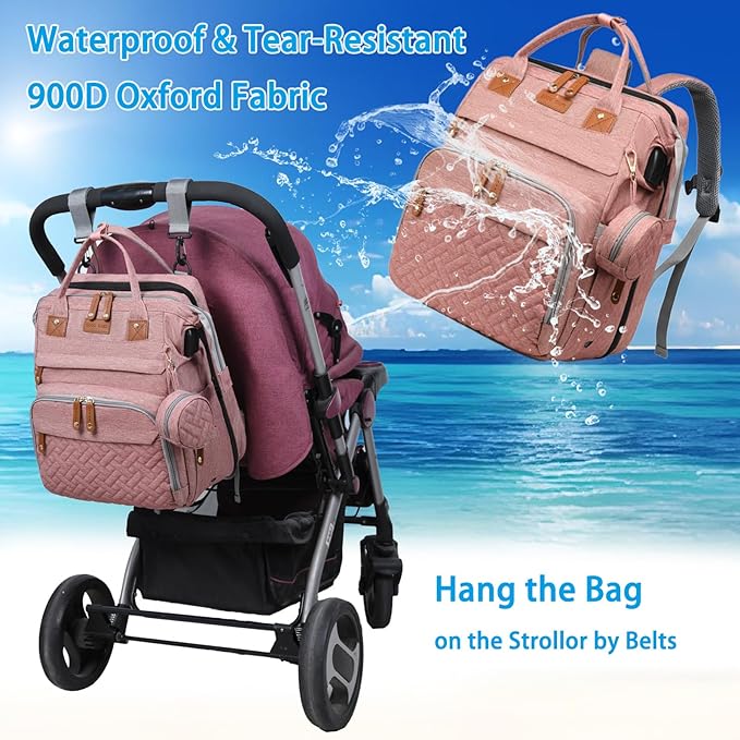 Jeryswet Baby Diaper Bags with Changing Station, Waterproof Large Capacity Diaper Bag Backpack for Moms Dads with USB Charging Port and Stroller Straps, Baby Shower Gifts, Pink-BubblyBeeBaby