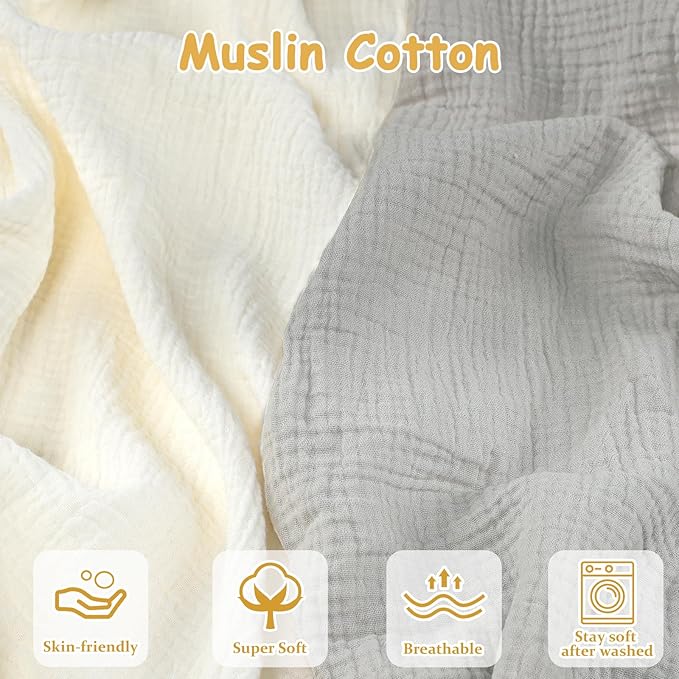 Hooyax Baby Lounger Cover 2 Pack - 100% Muslin Cotton Newborn Lounger Pillow Covers Only, Soft Breathable Infant Lounger Cover with Reinforced Stitching, Fits Most Standard Baby Loungers (Grey Cream)-BubblyBeeBaby