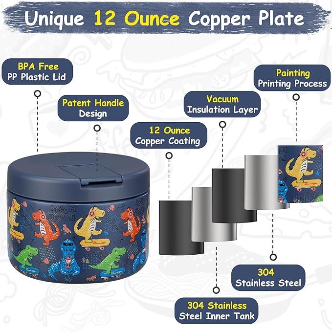 12oz Insulated Vacuum Food Jar with Buckle Lid Wide Mouth Soup Thermo for Hot Food Kids Leakproof Stainless Steel Lunch Container (Blue-Dinosaur)-BubblyBeeBaby