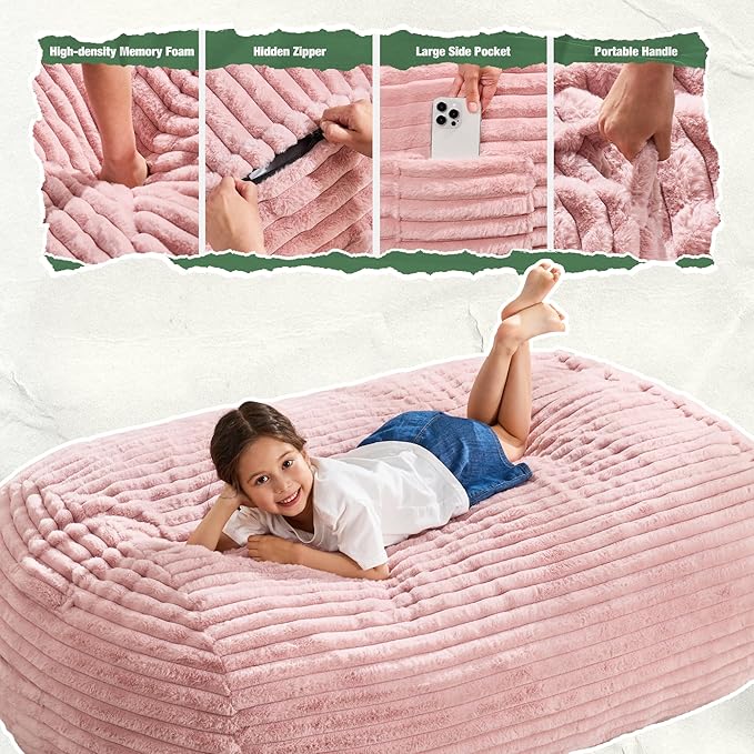 Hobestluk 3FT Bean Bag Chairs Adult Bean Bag with Portable Handle Comfy Large Bean Bag Chair with Removable Cover for Living Room Bedroom or Reading Nook (Stripe Pink, 3FT)-BubblyBeeBaby