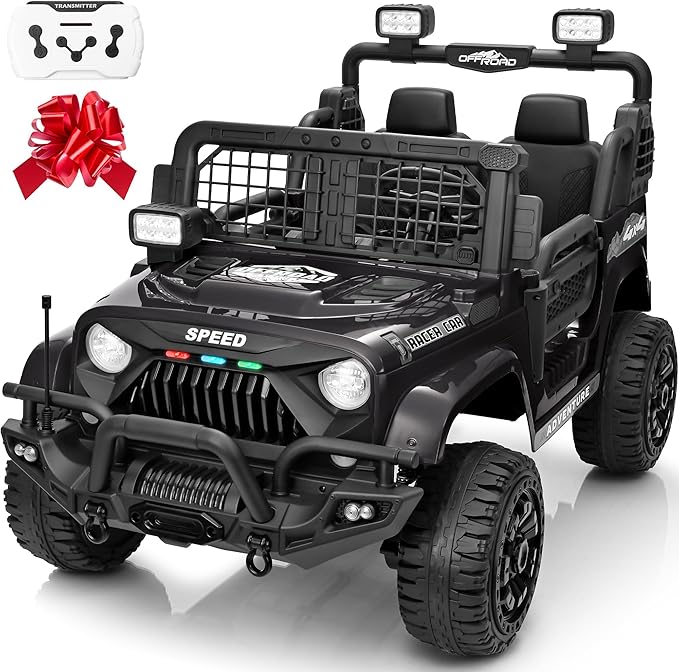 2 Seater Ride On Car Truck with Remote Control XL, Kids 24V Battery Powered Electric Vihicle w/21 in Seat, 3 Speeds, 2WD/4WD Switichable, Shock Absorbers,Bluetooth, Flower, Gift Choice-BubblyBeeBaby