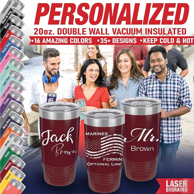 iProductsUS Personalized Tumbler with Slider Lid, Stainless Steel 20 oz Coffee Mug Engrave Names, Vacuum Insulated Custom Cup, Gift Idea for Dad, Husband, Him (Maroon)-BubblyBeeBaby