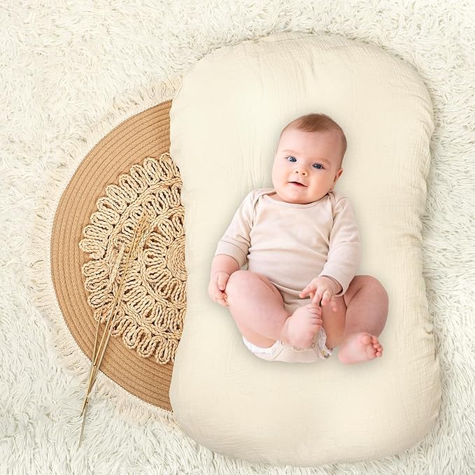 Hooyax Muslin Baby Lounger Cover 2 Pack, Soft and Breathable Newborn Lounger, Adorable Slipcover for Boys & Girls (Brown, Wheat)-BubblyBeeBaby