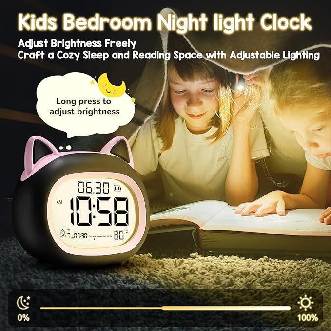 Kids Alarm Clock with Night Light for Kids, Small Digital Alarm Clocks for Bedrooms, Routine Builder, Cute Cat Alarm Clock with Sleep Training, Snooze, 12/24H, Date & Day, Temperature, USB Port-BubblyBeeBaby
