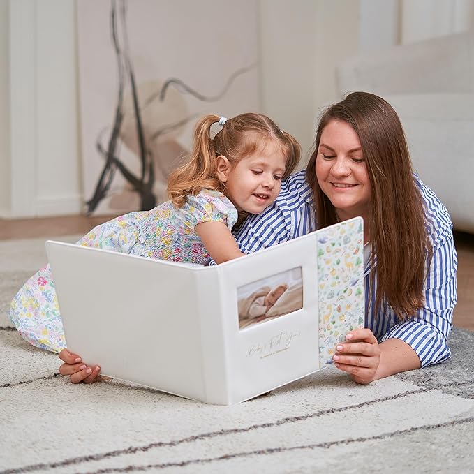 Keepsake Baby Memory Book Girl Boy – Timeless Leather-Bound Baby Milestone Book – Baby Book Keepsake Record First 5 Years – Gender Neutral Baby Scrapbook Album Baby Album Journal Registry Search Gift-BubblyBeeBaby