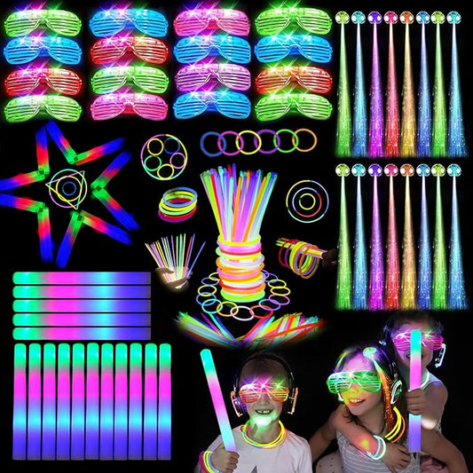 148 PCS Glow in the Dark Party Supplies, 16PCS Foam Glow Sticks, 16PCS LED Glasses,100PCS Glow Sticks Bracelets and 16Pcs LED Hair Clips Fiber Optic for Glow Party, Wedding, Halloween Party-BubblyBeeBaby