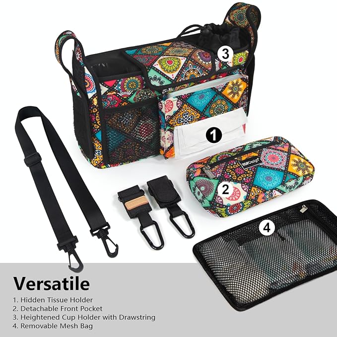 TOPDesign Universal Baby Stroller Organizer, Stroller Caddy with Detachable Mesh Bag & Heightened Insulated Cup Holders & Non-Slip Secure Hooks Accessories, Fits Most Strollers (Yoga)-BubblyBeeBaby