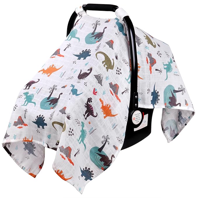 Rquite Muslin Car Seat Cover Baby, Carseat Covers Baby Boy Girl, Breathable Lightweight Infant Car Seat Cover, Baby Carrier Cover Car Seat Canopy Stroller Sun Shade for Summer & Hot Day, Universal Fit-BubblyBeeBaby