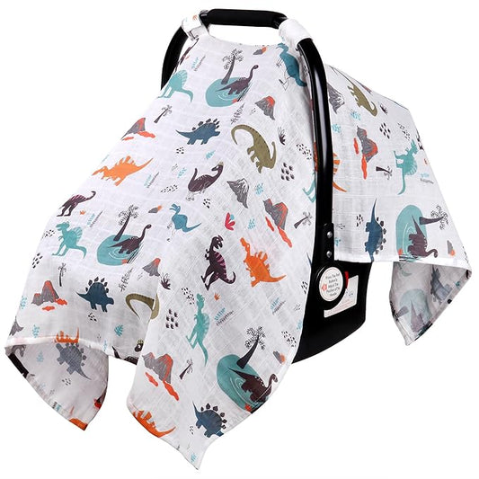 Rquite Muslin Car Seat Cover Baby, Carseat Covers Baby Boy Girl, Breathable Lightweight Infant Car Seat Cover, Baby Carrier Cover Car Seat Canopy Stroller Sun Shade for Summer & Hot Day, Universal Fit-BubblyBeeBaby