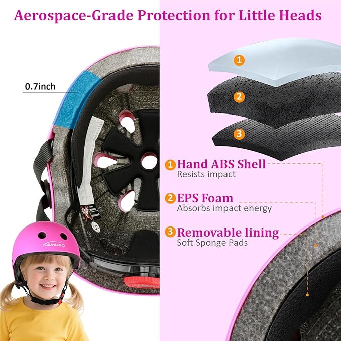 KAMUGO Kids Adjustable Helmet, with Sports Protective Gear Set Knee Elbow Wrist Pads for Toddler Age 2-8 Boys Girls, Bike Skateboard Hoverboard Scooter Rollerblading Helmet Set-BubblyBeeBaby