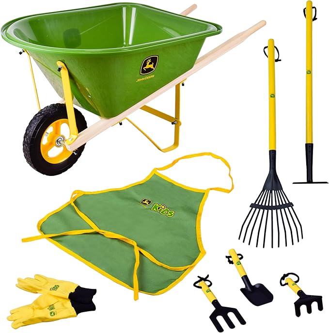 John Deere Deluxe 34" Wheelbarrow and Garden Set Includes 5 Realistic Gardening Tools,Gardening Apron, Gardening Gloves, Large Metal Wheelbarrow with Wooden Handles, Outdoor Toy Ages 5+-BubblyBeeBaby